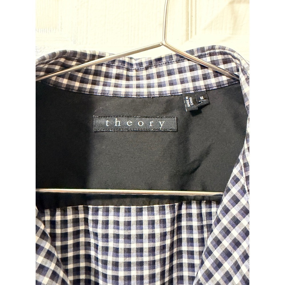 Theory Mens Navy Blue White Gingham Check Button Down Shirt Size M Long Sleeve - Picture 2 of 5